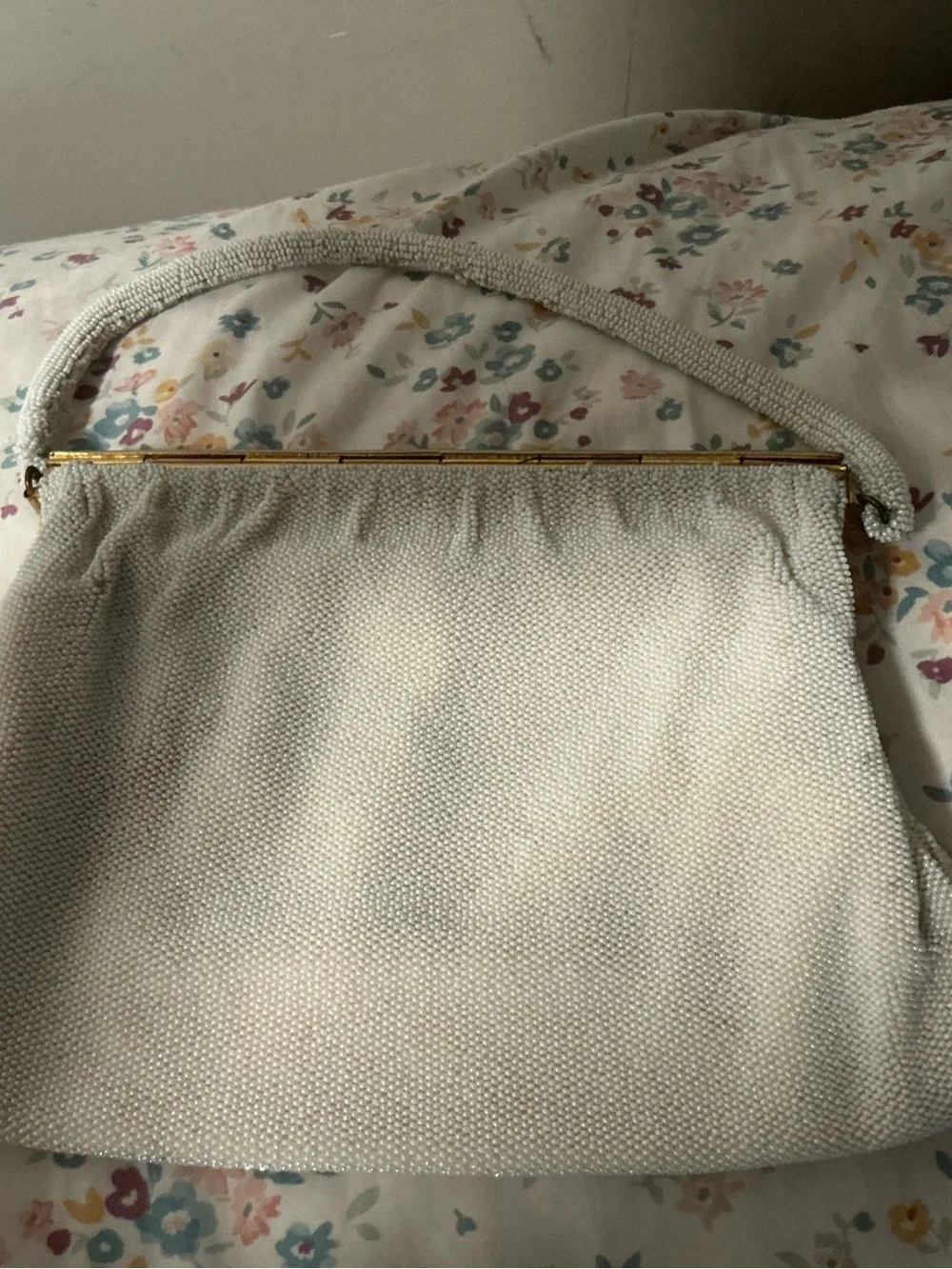 Vintage Cream Beaded Clutch with Gold and Pink Floral Medallions